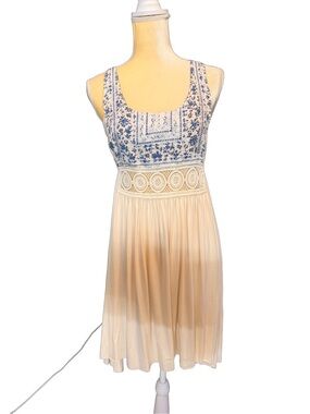 Sleeveless Cream Midi Dress with Blue Embroidered Bodice